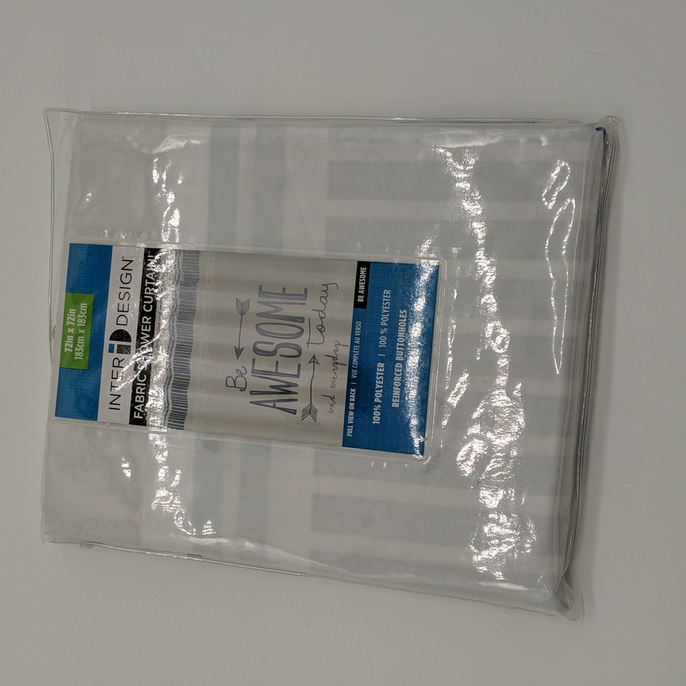 Inter design fabric shower curtain be awesome white and blue script
